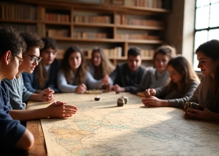 Students engaged in a hands-on global trade history workshop with maps and artefacts
