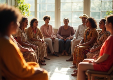 Diverse group seated in a circle engaged in facilitated intercultural dialogue